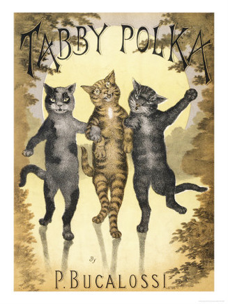 Tabby Polka a Trio of Cats with Arms Linked Dance a Polka by Moonlight
